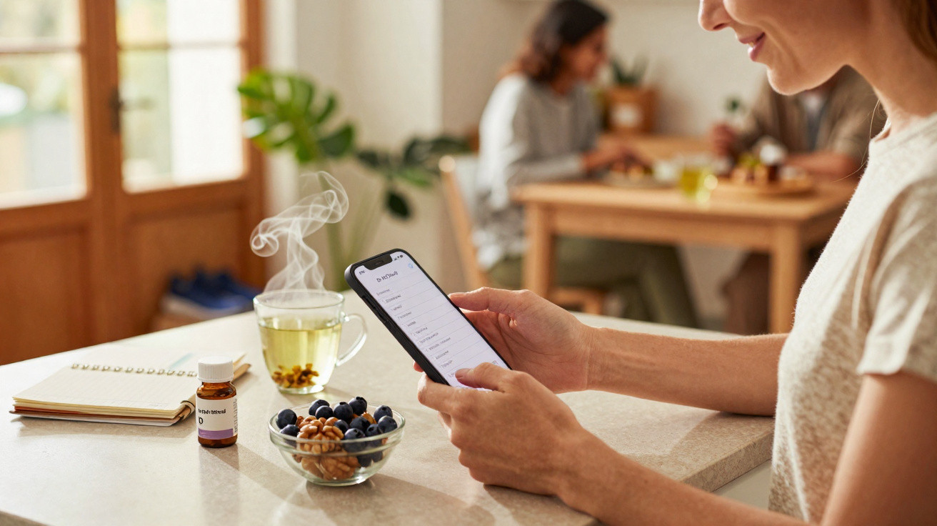Frau hält Smartphone, dampfender Tee, Bowl mit Blaubeeren und Nüssen, Medikamentenflasche und Notizbuch auf Tisch.