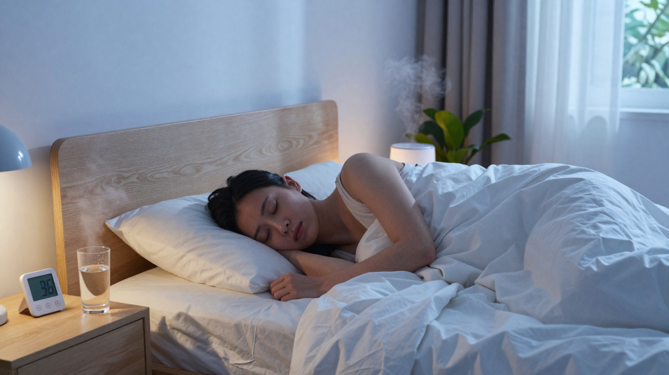 Frau schläft friedlich im Bett, nebendran Wasser, Thermometer und Luftbefeuchter im Schlafzimmer.