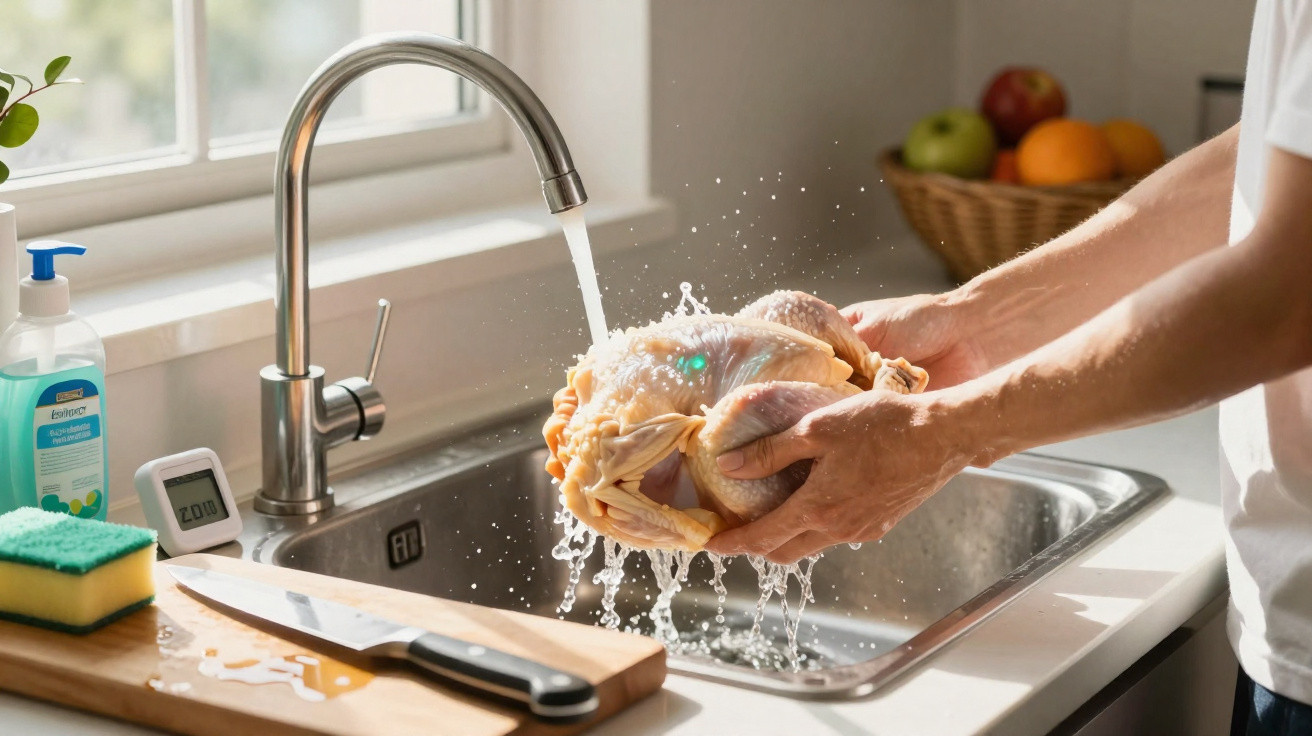 Person wäscht rohes Hähnchen unter fließendem Wasser in der Küchenspüle mit Küchenmesser und Schwamm daneben.