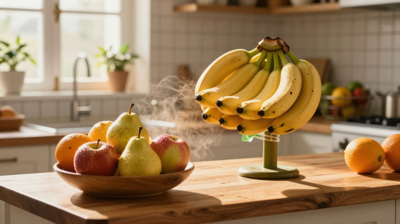 Küche mit Holztisch, Obstschale mit Äpfeln, Birnen, Orangen und Bananen an einem Bananenhalter.