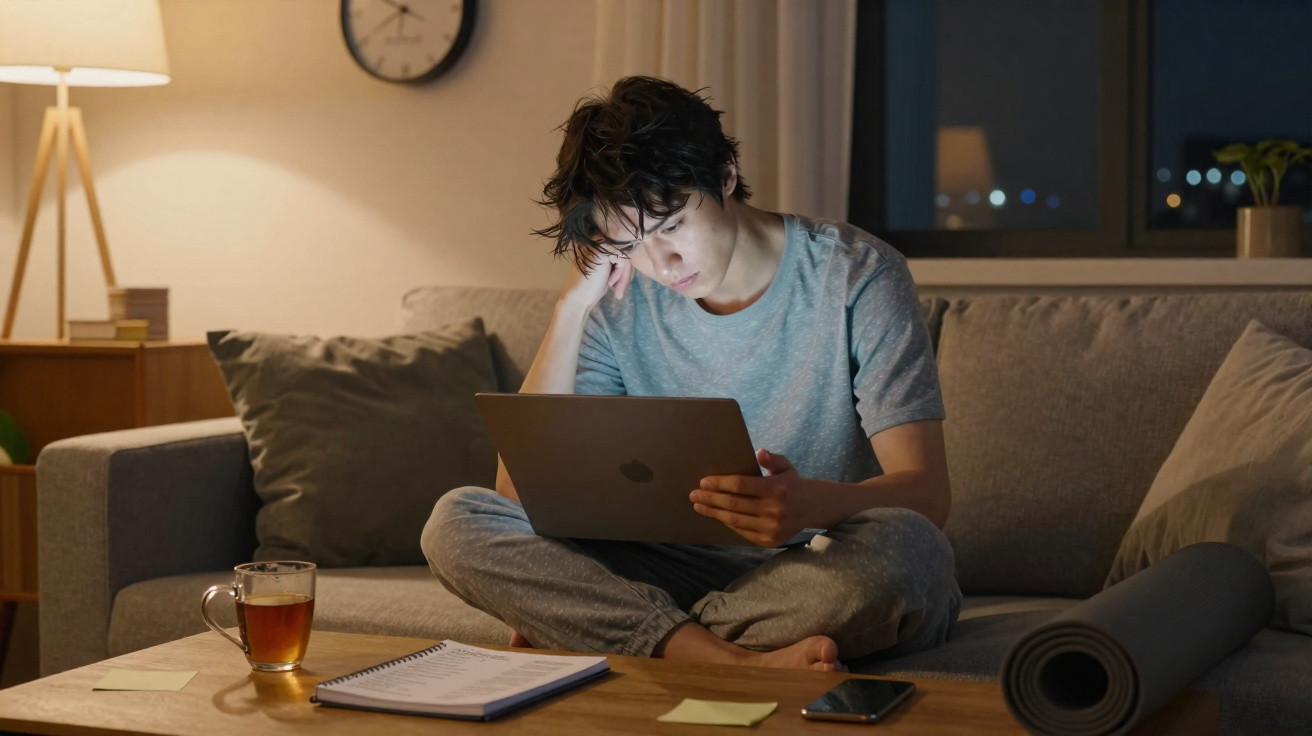 Junge sitzt abends auf Sofa, arbeitet konzentriert mit Laptop, neben ihm Notizbuch, Tee und Smartphone auf Tisch.