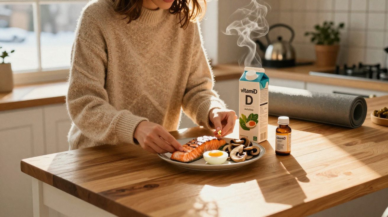 Frau bereitet gesundes Mittagessen mit Lachs, gekochtem Ei, Pilzen und Vitamin-D-Ergänzungen in heller Küche zu.