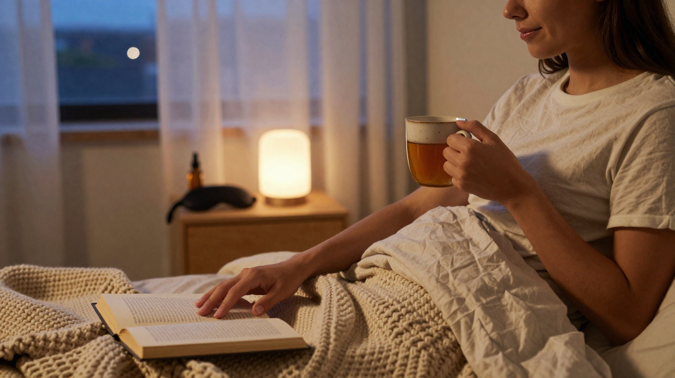 Frau liest im Bett ein Buch und trinkt Tee, beleuchtet von einer warmen Nachttischlampe am Abend.
