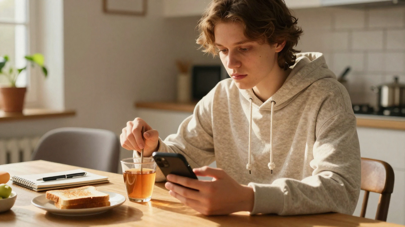 Junger Mann in Hoodie sitzt am Küchentisch, rührt in Getränk und schaut auf sein Smartphone.