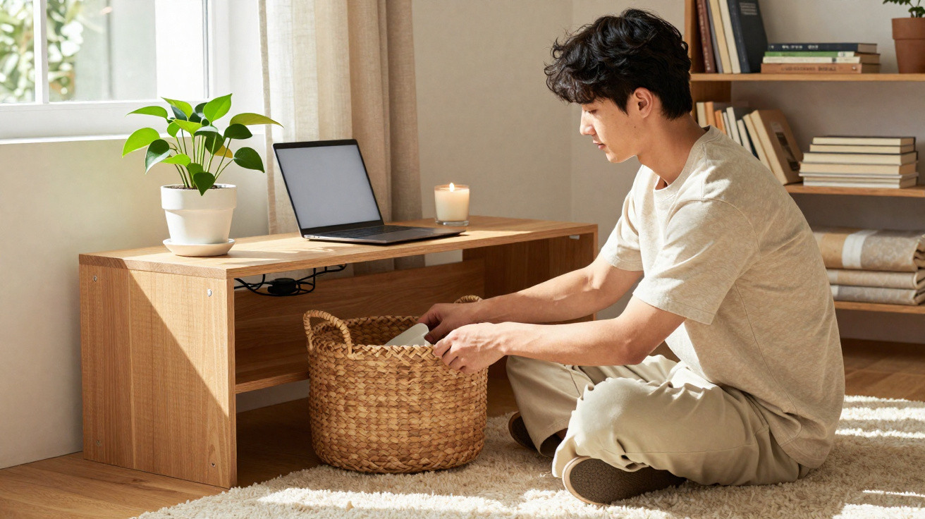 Junger Mann sitzt am Boden und verstaut etwas in einem Korb neben einem Holztisch mit Laptop und Pflanze.