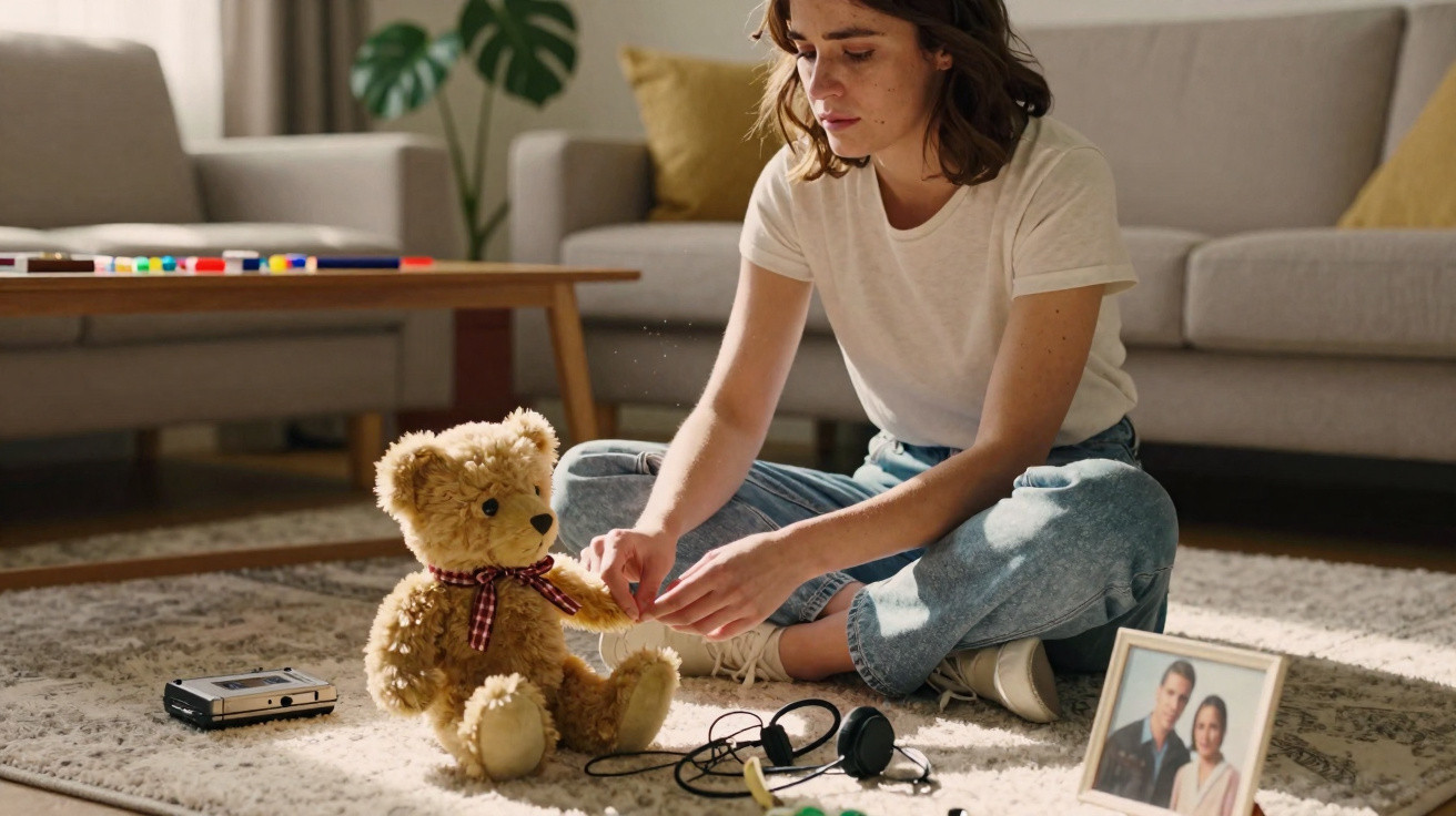 Frau sitzt auf Teppich im Wohnzimmer und spielt mit einem Teddybär, Kopfhörer und Familienfoto daneben.