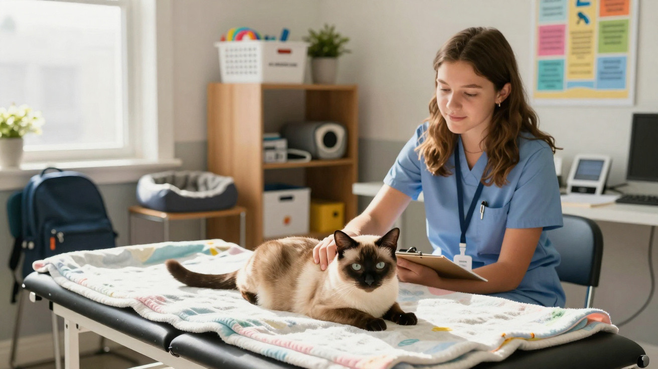 Tierärztin in blauer Kleidung untersucht entspannte Siamkatze auf Tisch in heller Praxis.