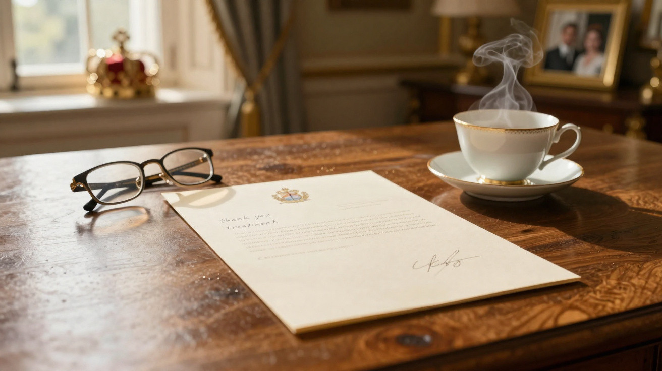 Brief mit Unterschrift, Brille und dampfende Tasse auf antikem Holztisch in warm beleuchtetem Raum.