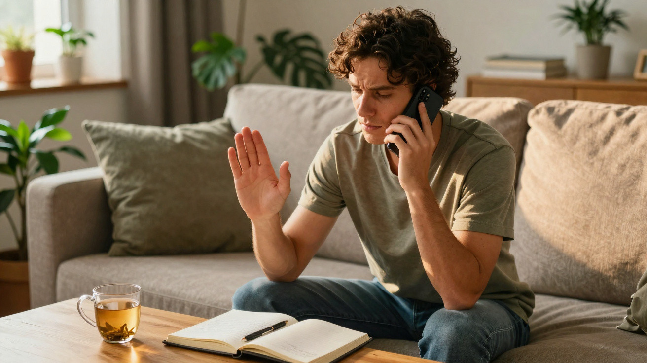 Junger Mann sitzt auf dem Sofa, spricht am Telefon und hebt die Hand, daneben offene Notizbuch und Tee.