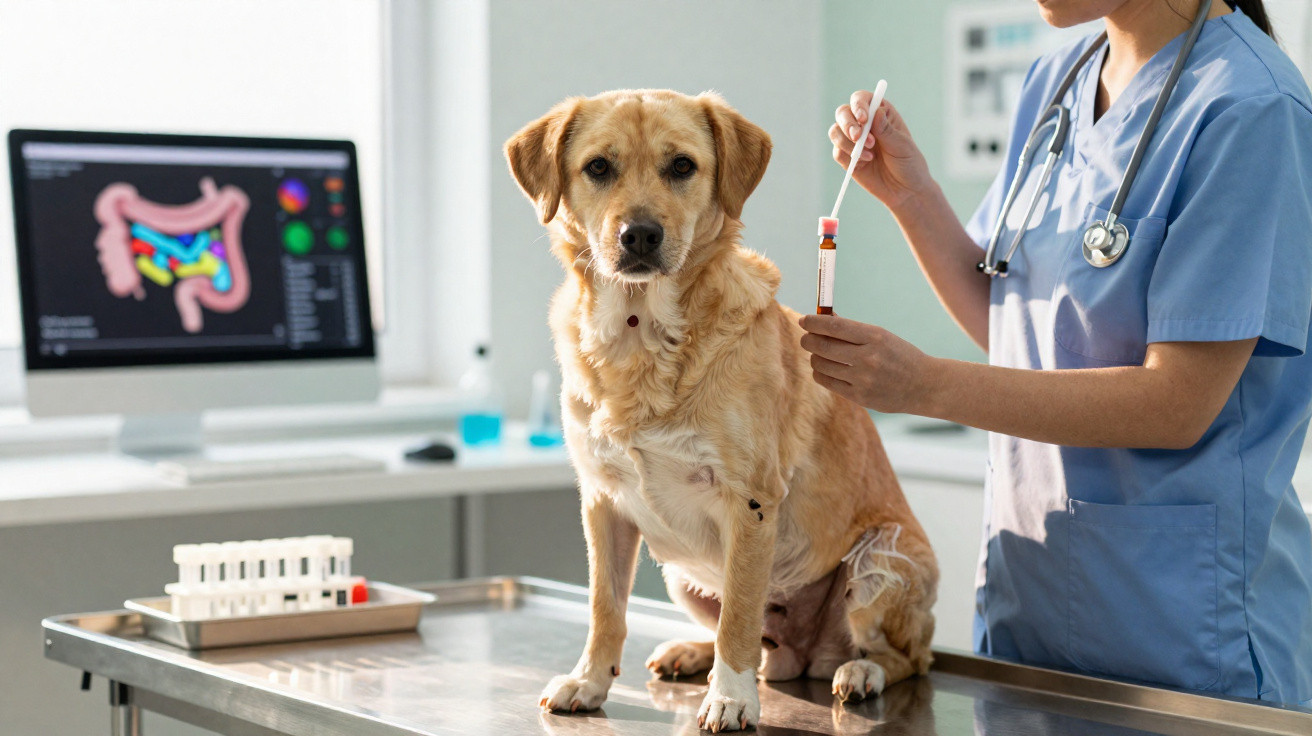 Tierärztin nimmt Blutprobe bei braunem Hund auf Untersuchungstisch in moderner Praxis mit Darmdiagramm.