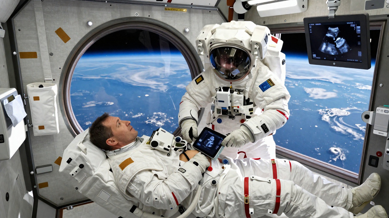 Zwei Astronauten mit Ultraschallgerät in Raumanzügen in einer Raumstation vor einem Fenster mit Blick auf die Erde.