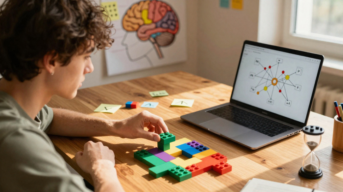 Junger Mann baut mit bunten Bausteinen am Tisch, Laptop zeigt kognitive Struktur und Gehirndiagramm an.