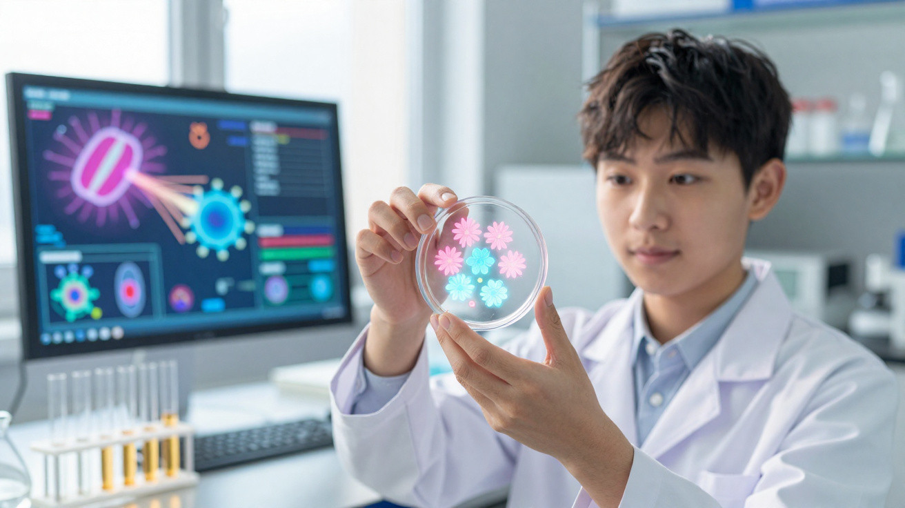 Junger Wissenschaftler untersucht leuchtende Muster in einer Petrischale im Labor vor Computerbildschirm.