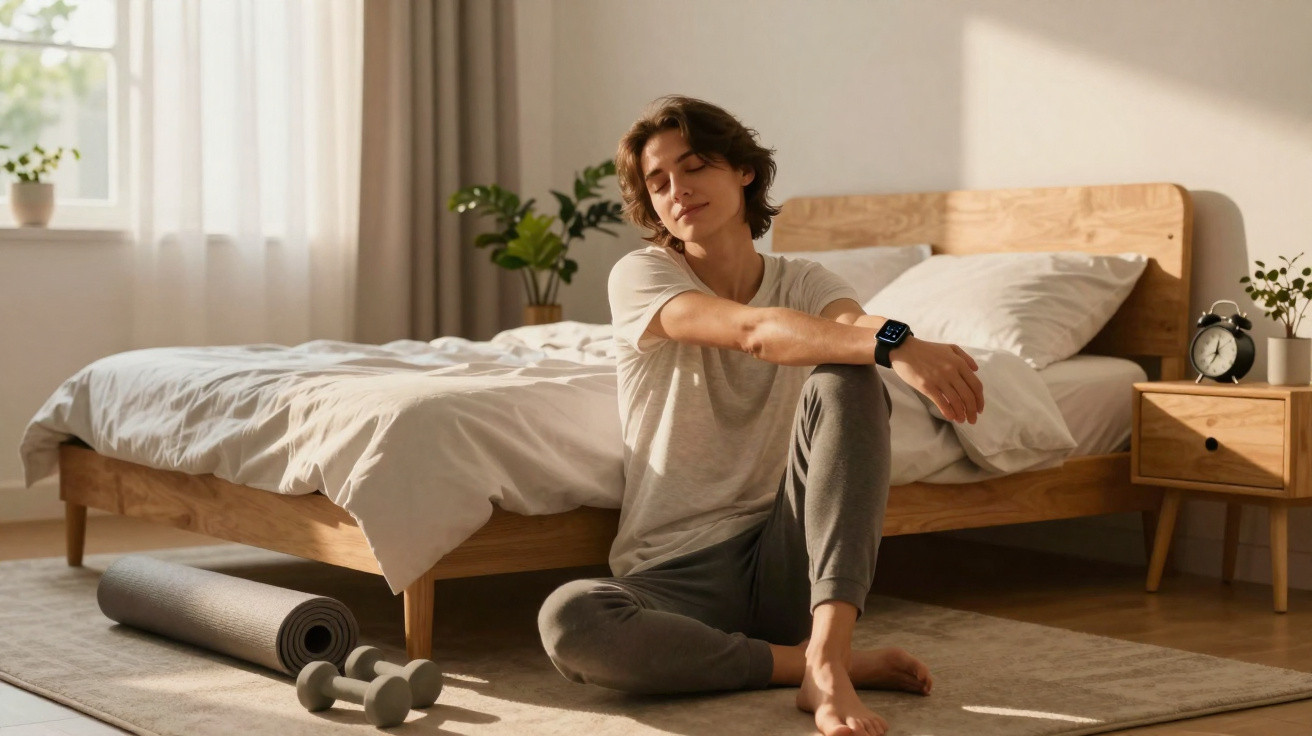 Junge sitzt entspannt auf dem Boden im Schlafzimmer neben Yogamatte und Hanteln, Sonnenlicht fällt herein.
