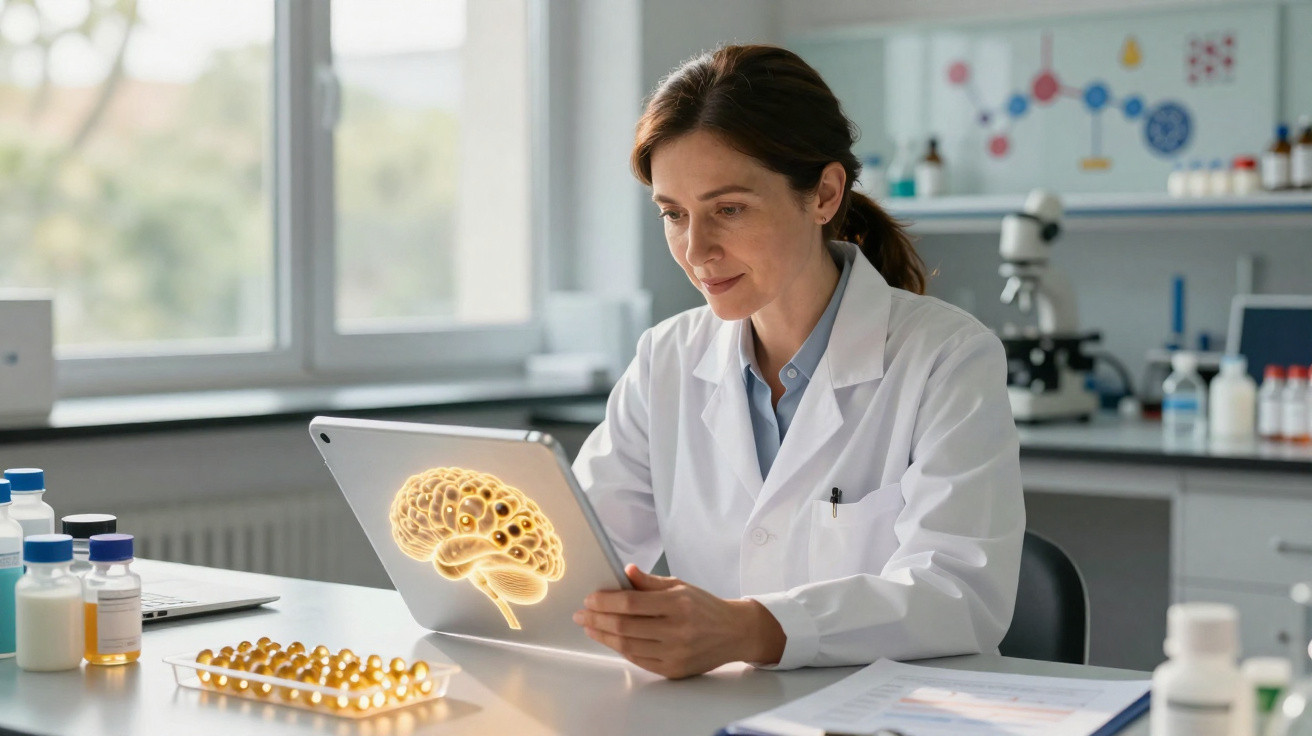 Forscherin im Labor analysiert digitale 3D-Gehirndarstellung auf Tablet, um medizinische Daten zu untersuchen.