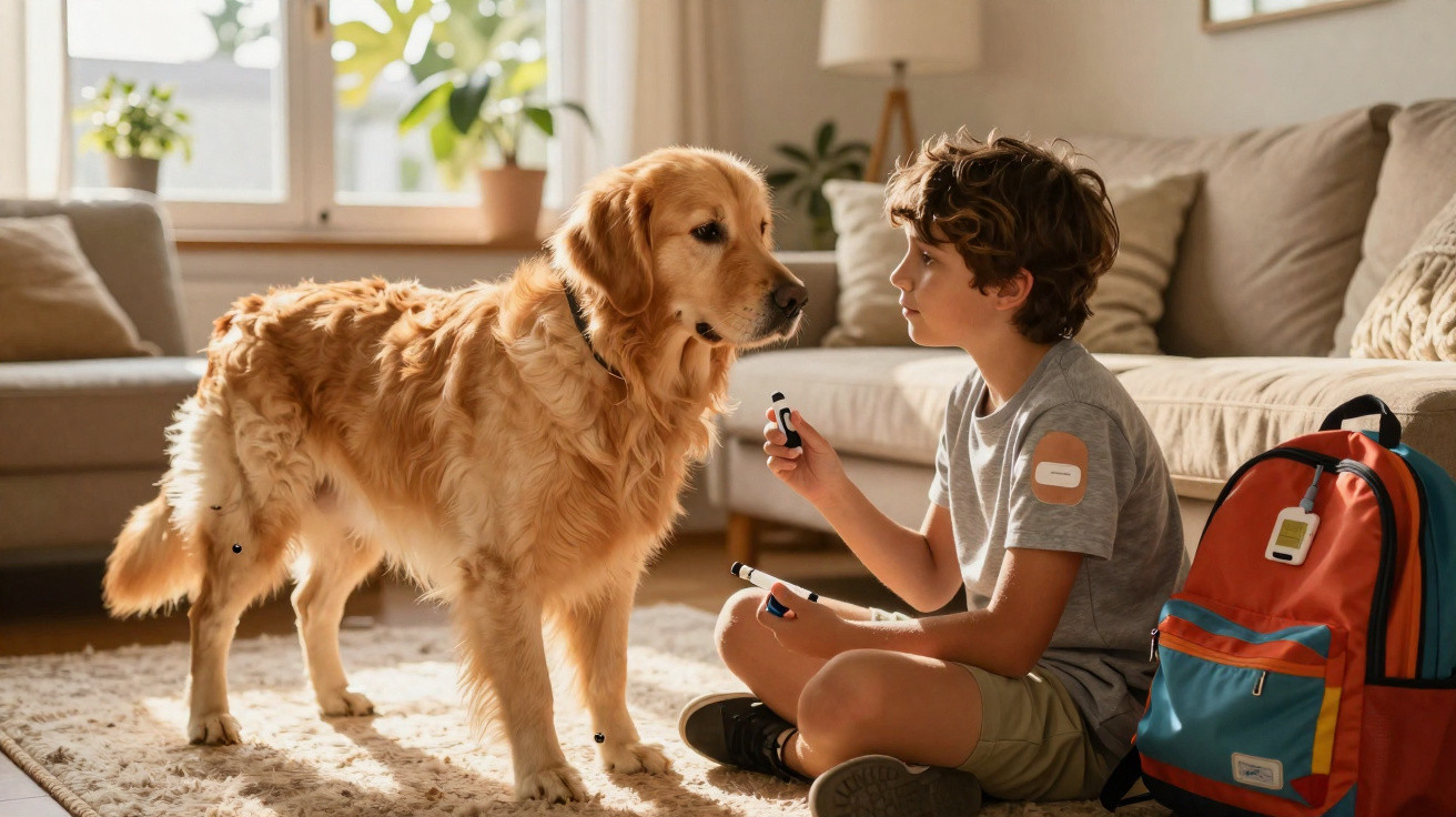 Junge sitzt im Wohnzimmer mit Insulinspritzen und einem Blutzuckermessgerät, Goldener Retriever steht vor ihm.