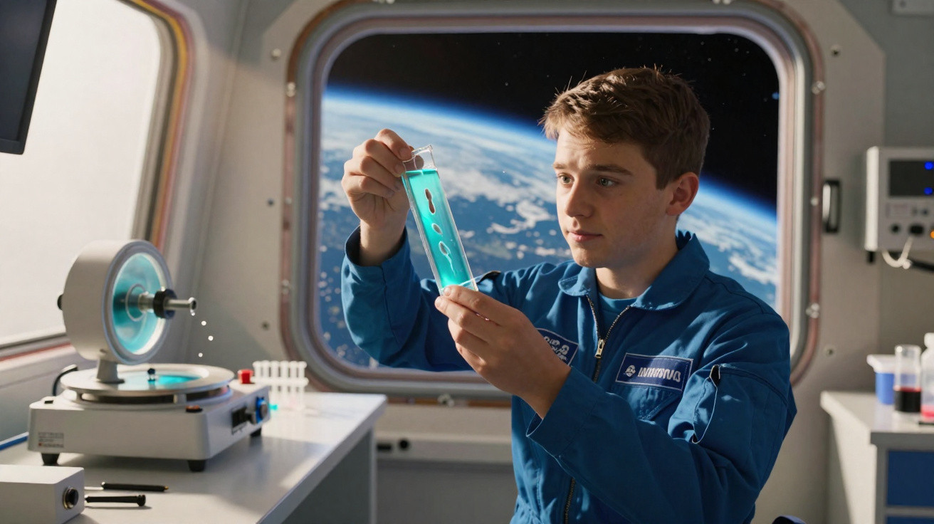 Junger Astronaut untersucht blau gefärbte Flüssigkeit im Reagenzglas mit Blick auf die Erde im Weltraumlabor.