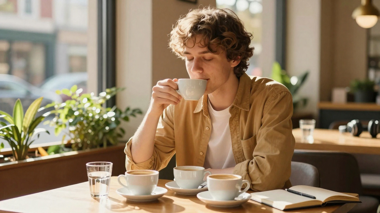 Junger Mann trinkt Kaffee in einem hellen Café, umgeben von Pflanzen und offenen Notizbuch.