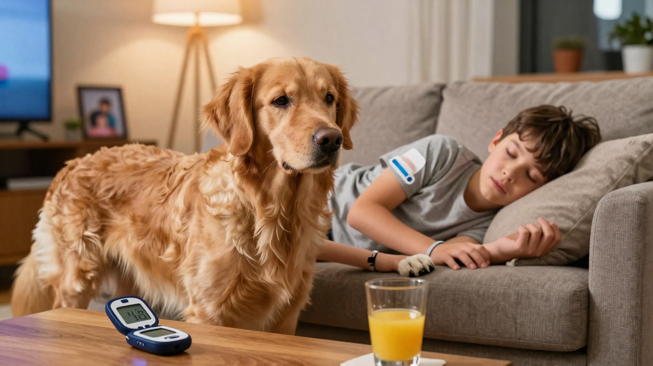Golden Retriever steht neben schlafendem Jungen auf Sofa mit Blutzuckermessgerät und Saftglas auf Tisch.