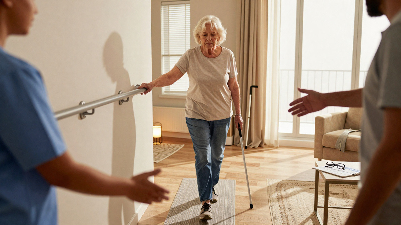 Ältere Frau mit Gehstock beim Gehtraining zwischen zwei Personen in heller Wohnung mit Haltegriff an der Wand.