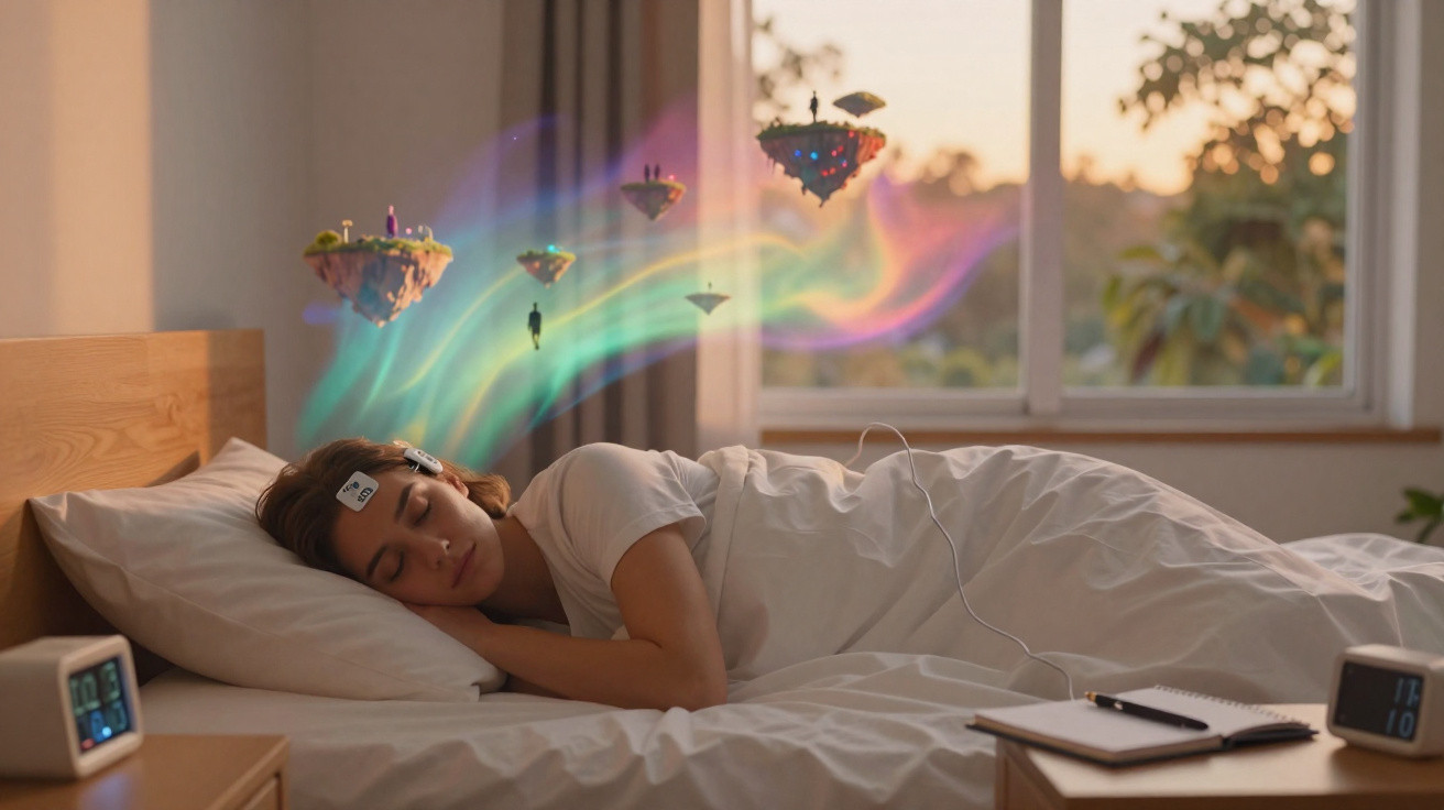 Frau schläft im Bett mit EEG-Elektroden, bunte Traumwelten schweben über ihr in einem Zimmer bei Sonnenaufgang.