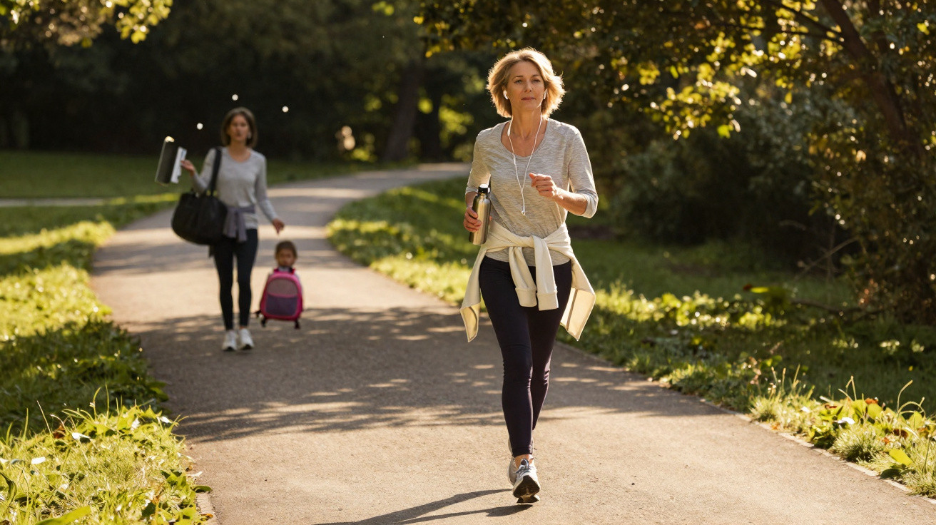 Frau joggt mit Sportkleidung und Wasserflasche auf sonnigem Weg, im Hintergrund weitere Frau mit Kind.