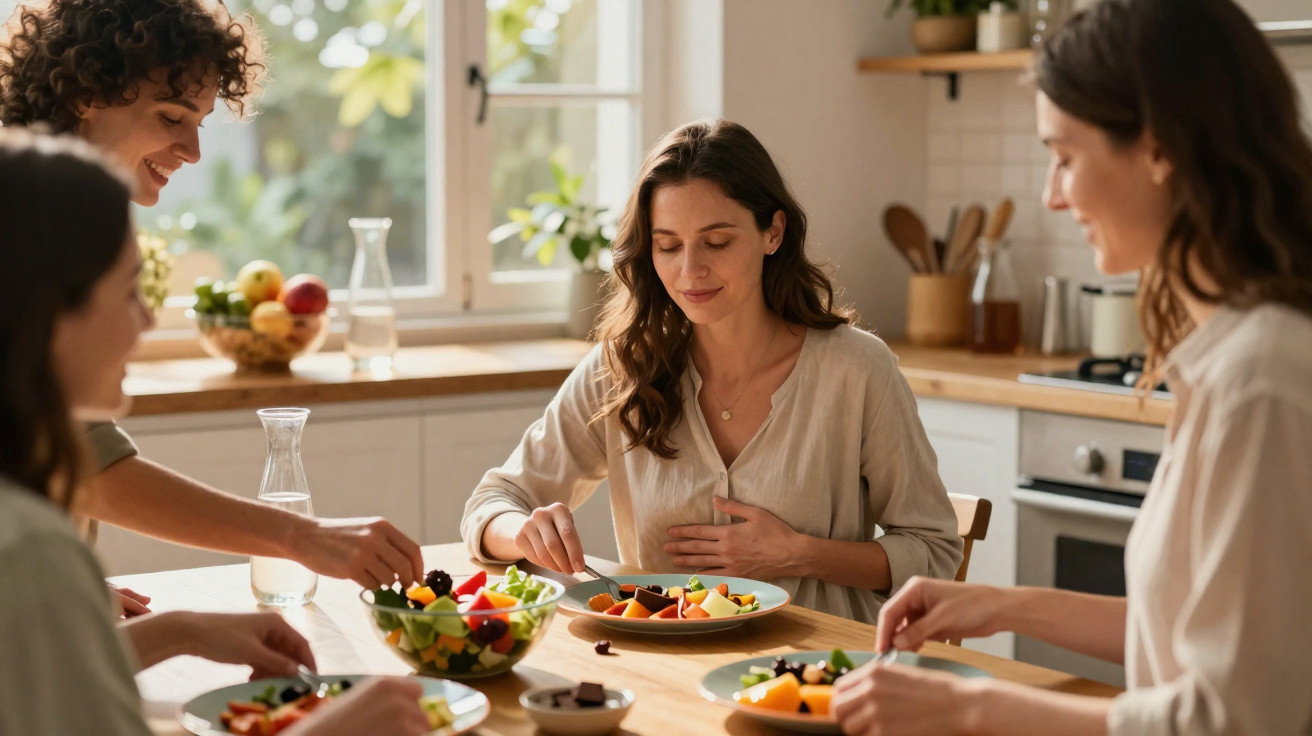 Vier Frauen genießen gemeinsam einen gesunden Obstsalat am Esstisch in einer hellen Küche.