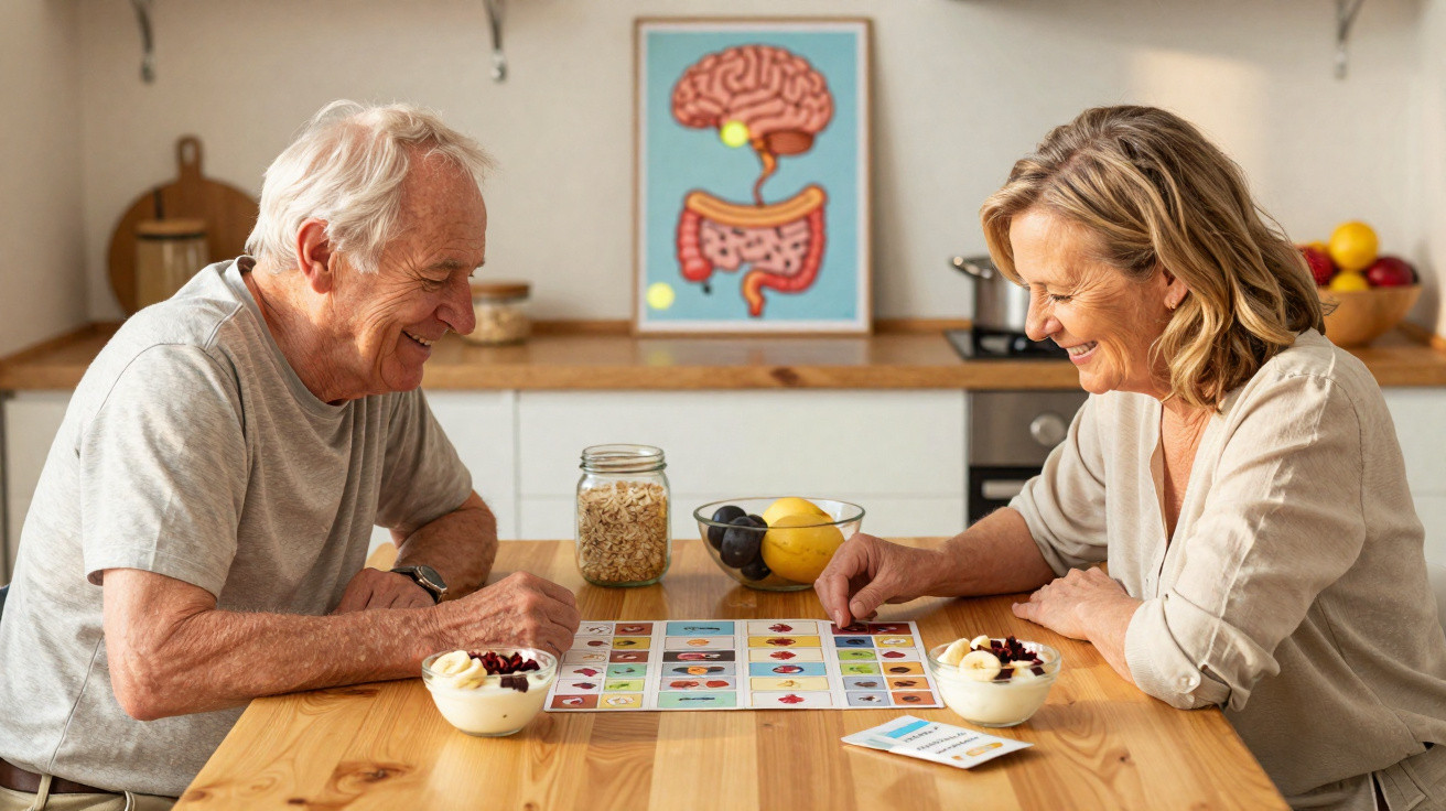 Älteres Paar spielt Brettspiel am Holztisch in heller Küche mit Joghurt und Obstschale im Vordergrund.