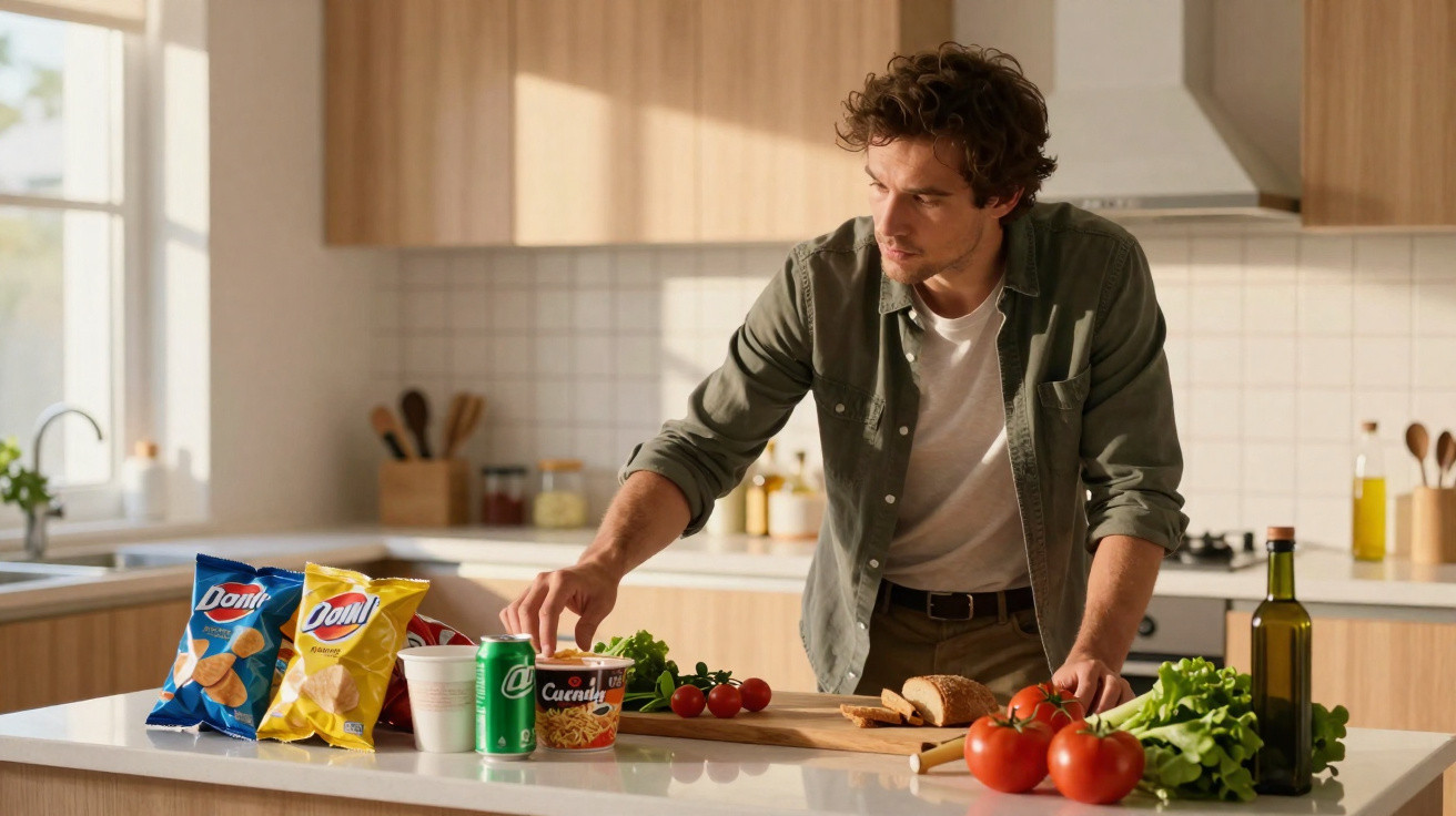 Junger Mann bereitet in heller Küche mit frischem Gemüse und Snacks Mahlzeit vor.