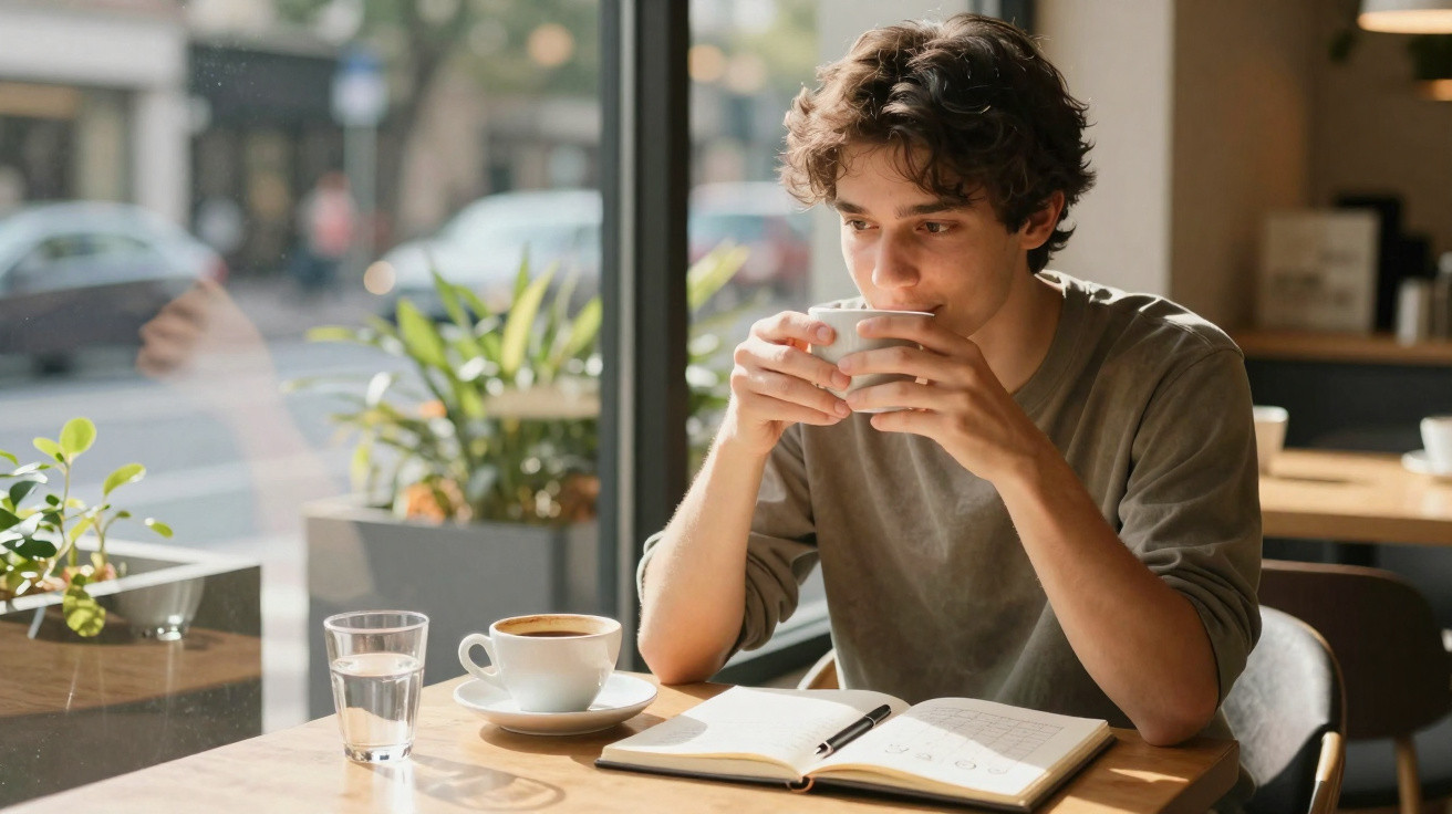 Junger Mann trinkt Kaffee und liest Notizen in einem hellen Café am Fenster mit Pflanzen im Hintergrund.