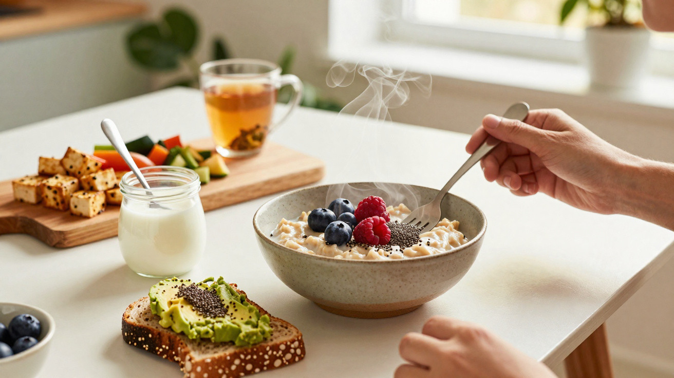 Dampfende Haferflocken mit Beeren, Chiasamen und Avocadobrot, dazu Tee und Joghurt auf weißem Tisch.