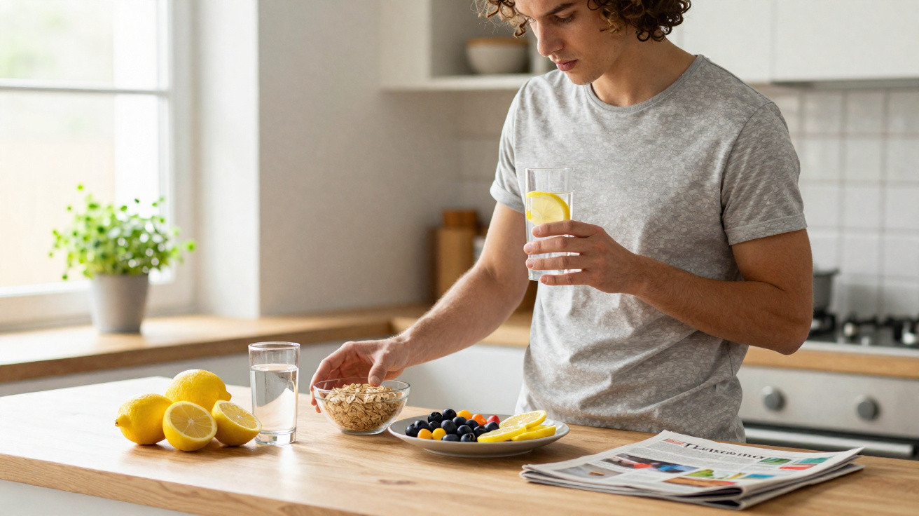 Junger Mann in der Küche mit Glas Wasser und Zitrone, Frühstück mit Haferflocken, Beeren und Zeitung.