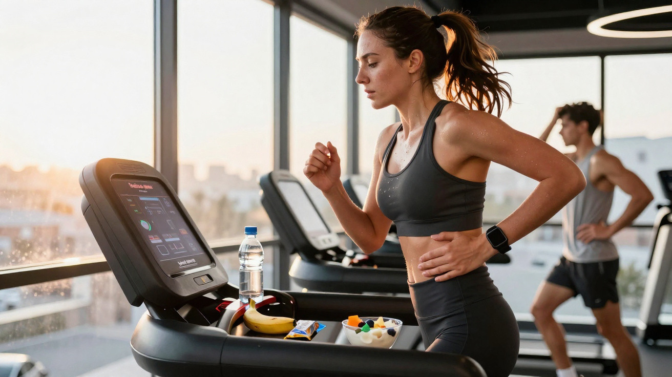 Frau läuft auf Laufband im Fitnessstudio mit Sonnenlicht durch große Fenster im Hintergrund.
