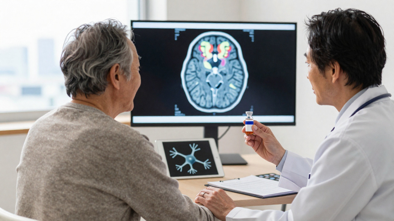 Arzt erklärt älterem Patienten ein Medikament vor einem Bildschirm mit einem Hirnscan und einem Tablet mit Nervenzellenbild.