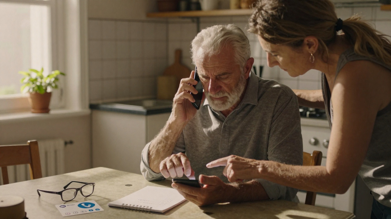 Älterer Mann telefoniert, während Frau ihm zeigt, wie man ein Smartphone benutzt, in einer Küche.