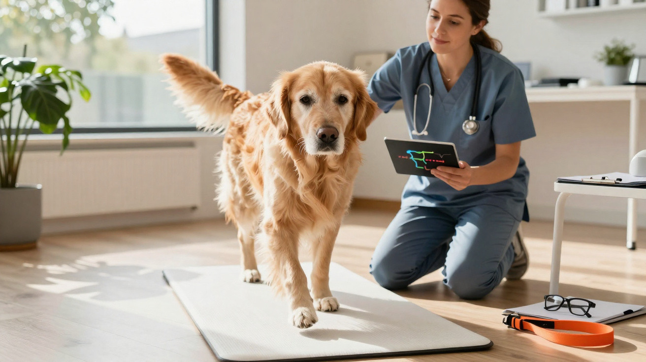 Tierärztin untersucht einen Golden Retriever, der auf einer Matte steht, während sie ein Tablet hält.