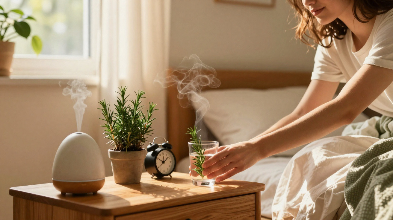 Frau stellt Glas mit Rosmarin auf Nachttisch mit Aromadiffuser, Topfpflanze und Wecker im Sonnenlicht.