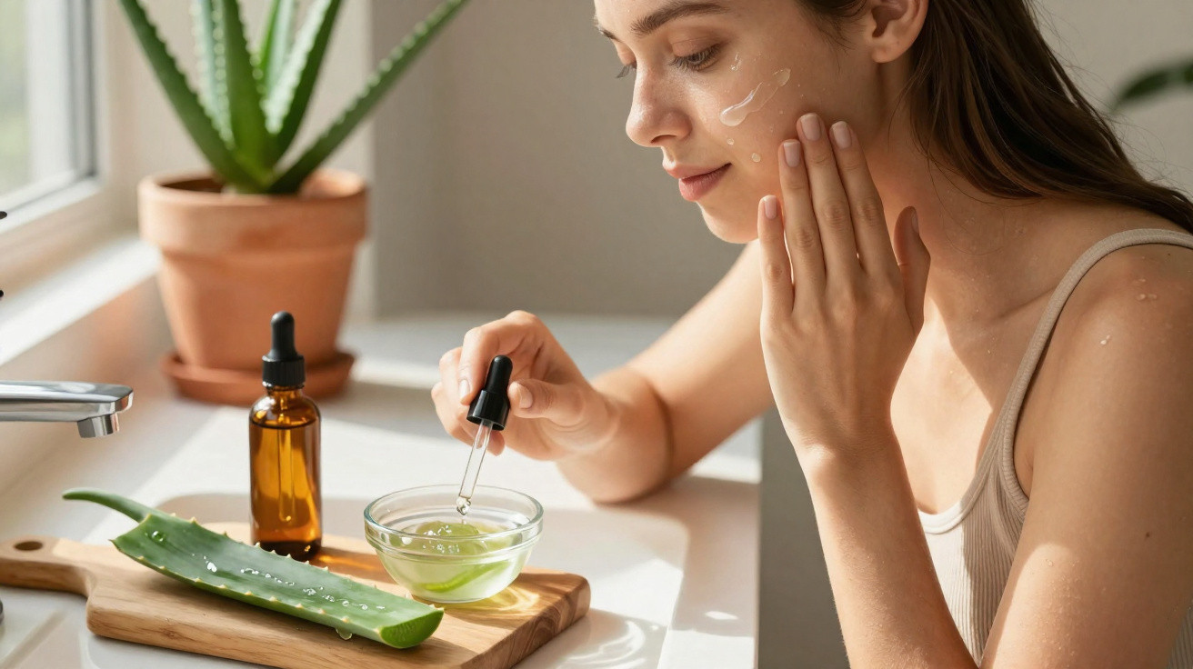 Frau trägt natürliche Aloe-Vera-Gesichtscreme auf, mit Aloe-Blatt und Serumflasche auf der Arbeitsplatte.