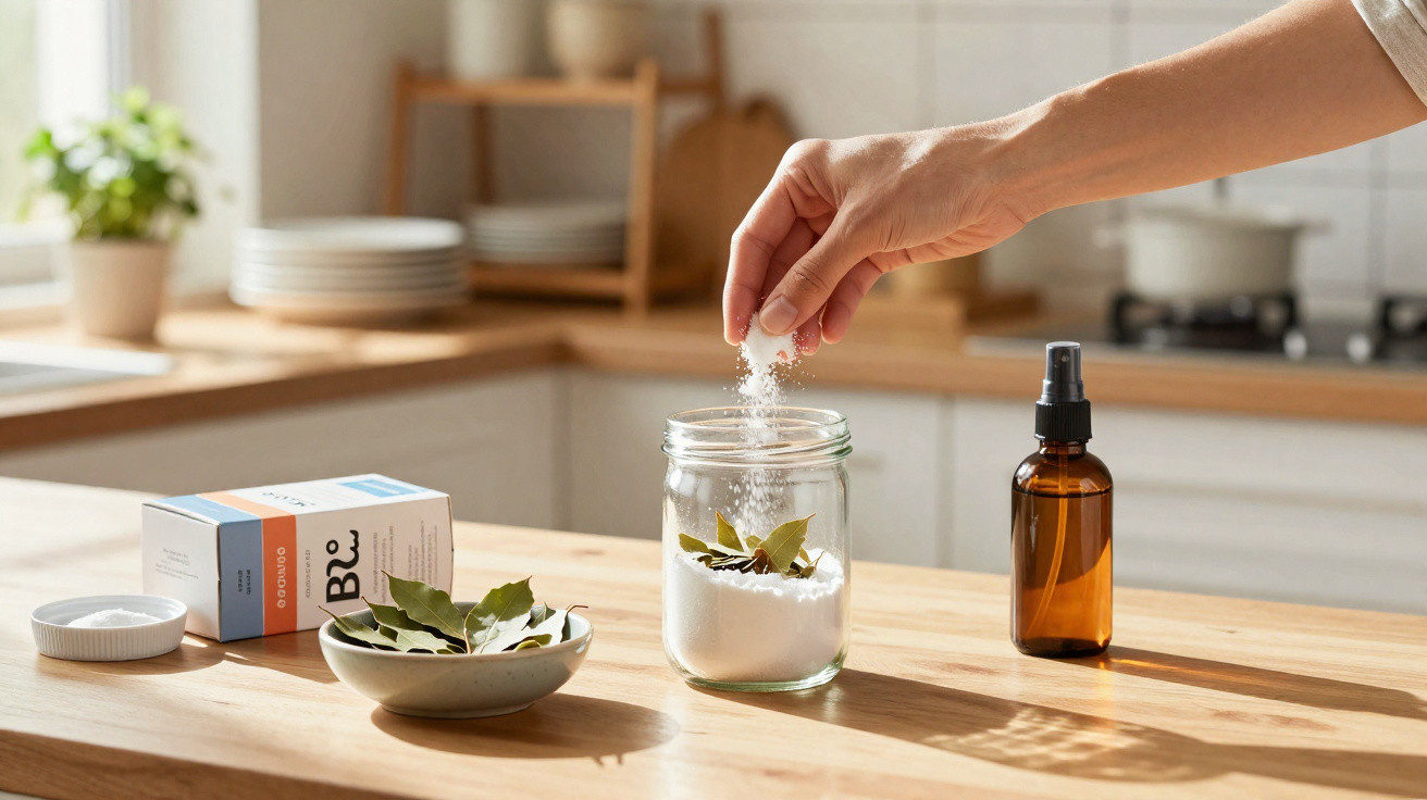 Hand streut Salz in Glas mit Lorbeerblättern auf hellem Küchentisch neben Gewürzschale und Braunglasflasche.