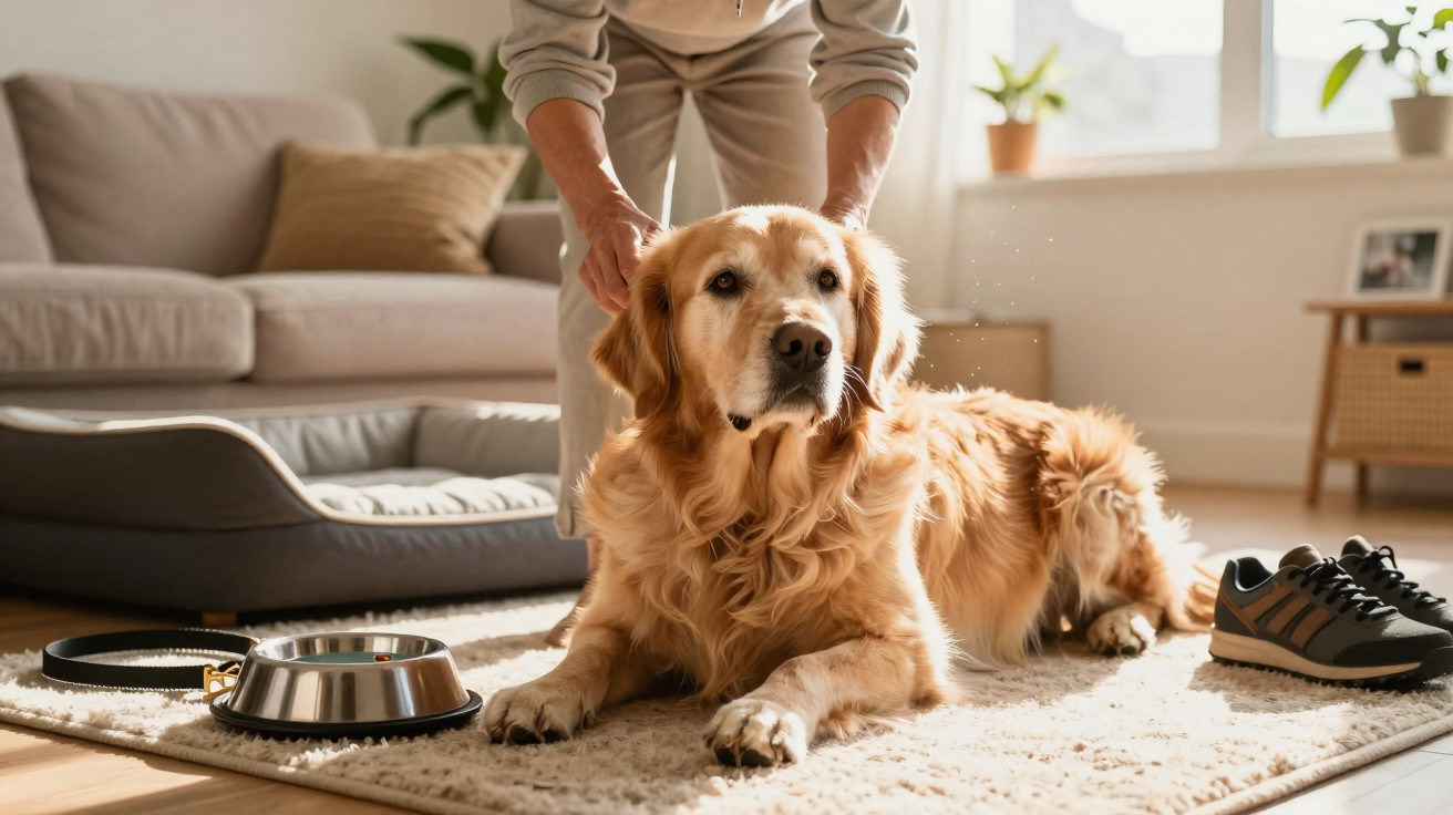 Golden Retriever liegt auf Teppich, Mensch streichelt ihn im hellen Wohnzimmer neben Futternapf und Schuhen.