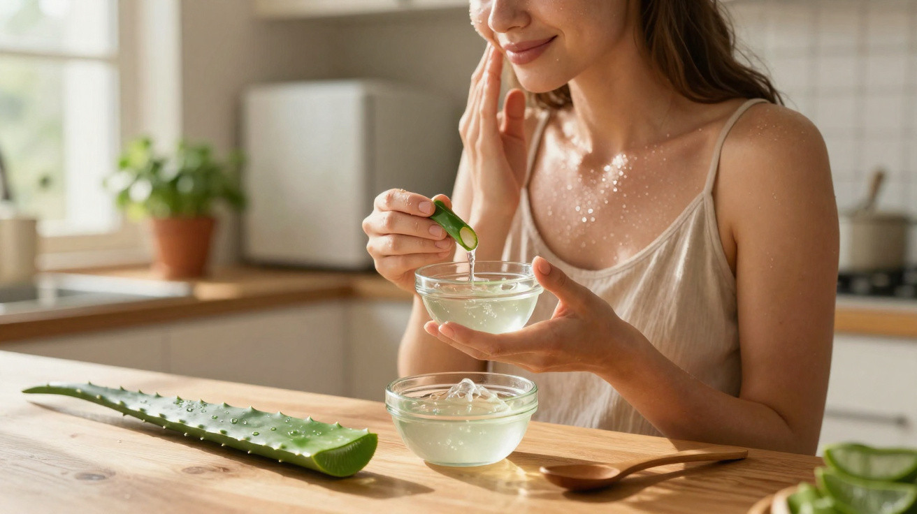 Frau trägt Aloe-Vera-Gel auf Gesicht auf, sitzt an Holztisch mit Aloe-Vera-Blatt und Schälchen im Licht.